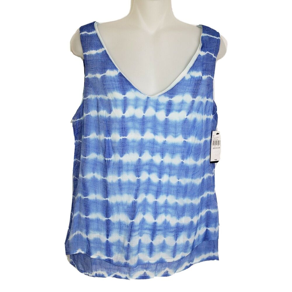 Alyx Womens Top Medium Sleeveless Blue White Striped Lined Shirt Blouse V Neck